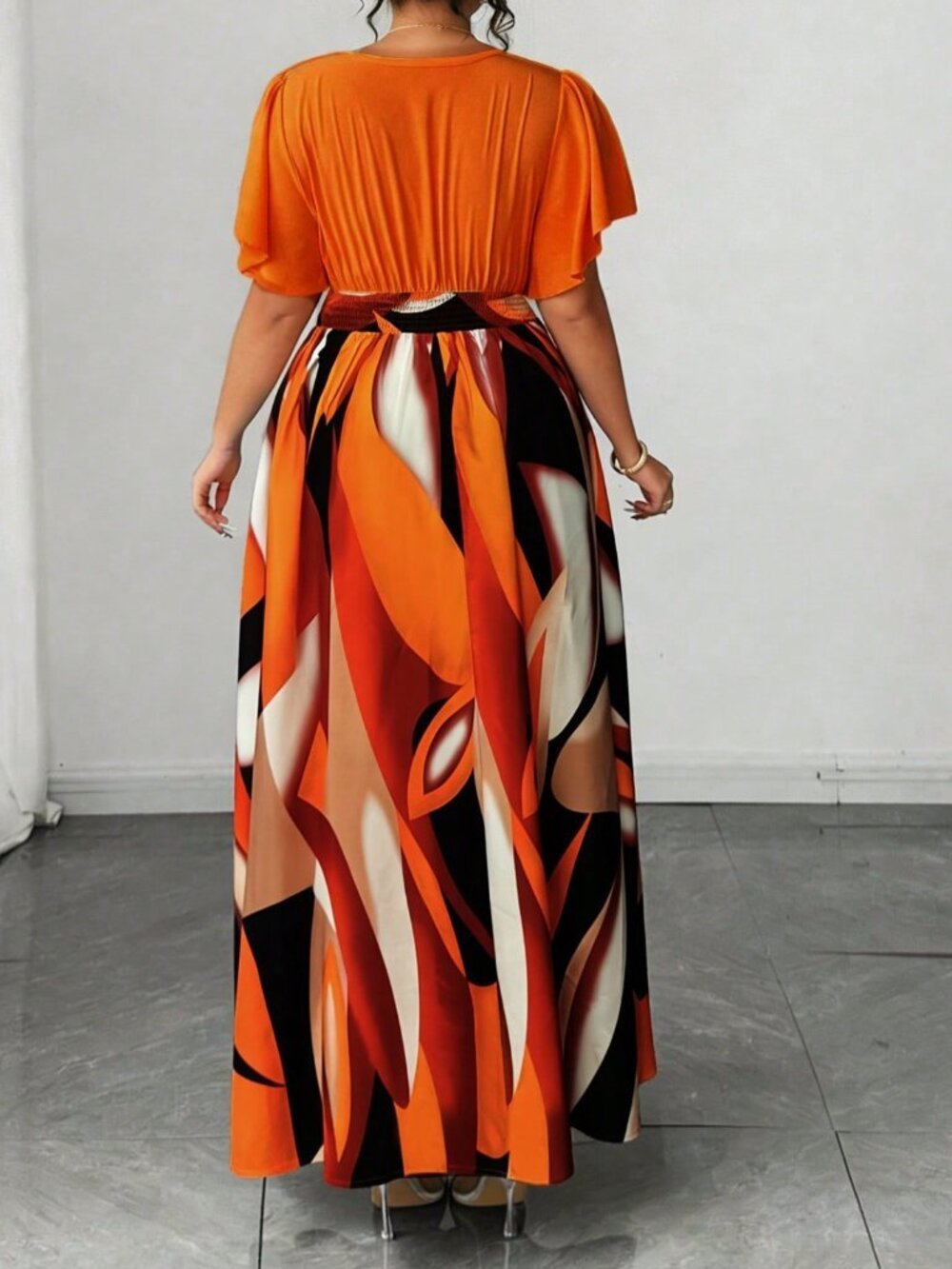 Orange Casual Women's Plus Size Bohemian Geometric Ruffle V-Neck Long Dress